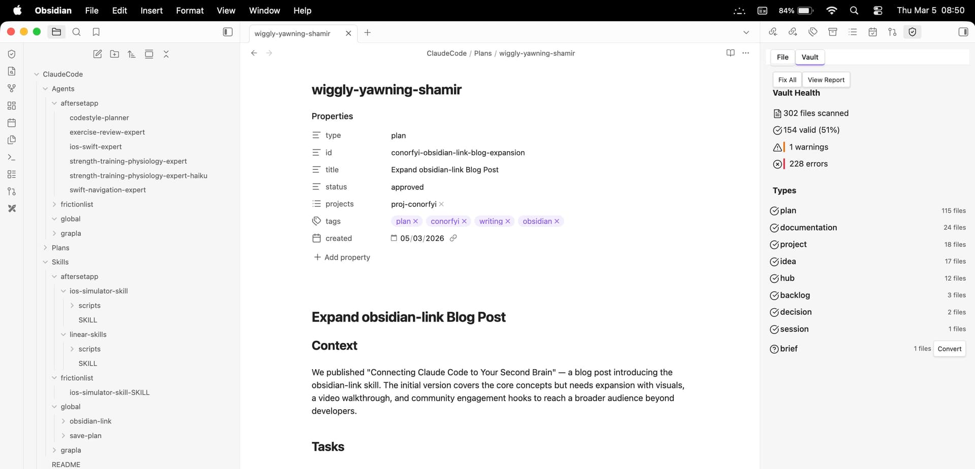 A plan file browsable in Obsidian, with structured frontmatter, project agents and skills visible in the sidebar